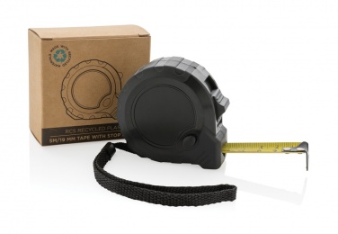 Logotrade Geschäftsgeschenke das Foto: 5m/19mm Maßband mit Stop-Taste aus RCS recycelt. Kunststoff