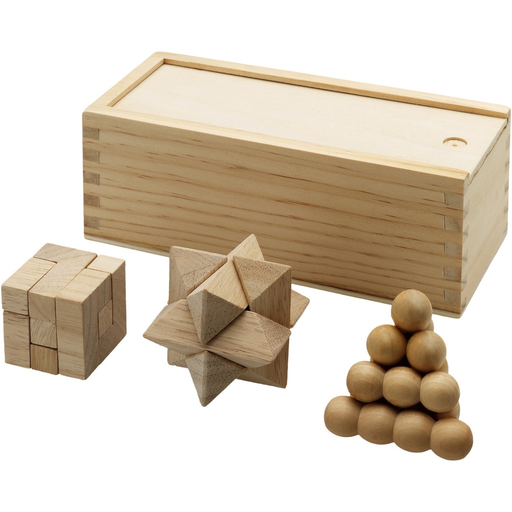 Logo trade promotional product photo of: Brainiac 3-piece wooden brain teaser set