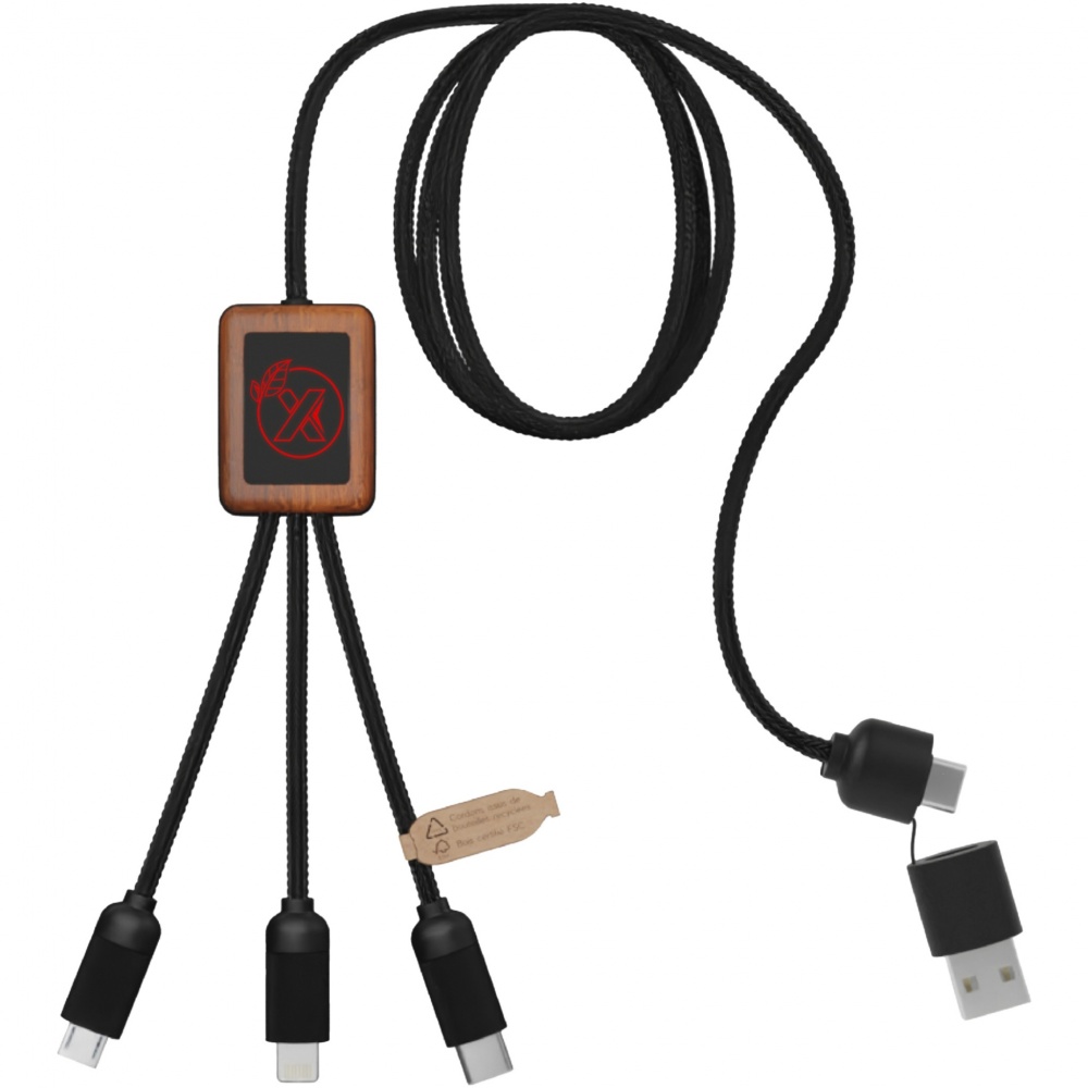 Logotrade advertising products photo of: SCX.design C38 5-in-1 rPET light-up logo charging cable with squared wooden casing