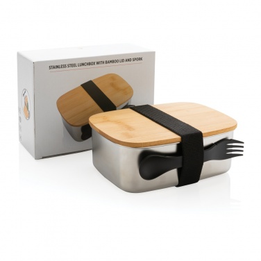 Logo trade promotional product photo of: Stainless steel lunchbox with bamboo lid and spork