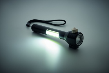 Logo trade promotional items image of: 3-in-1 aluminum flashlight with an emergency hammer and seatbelt cutter, customizable with printing