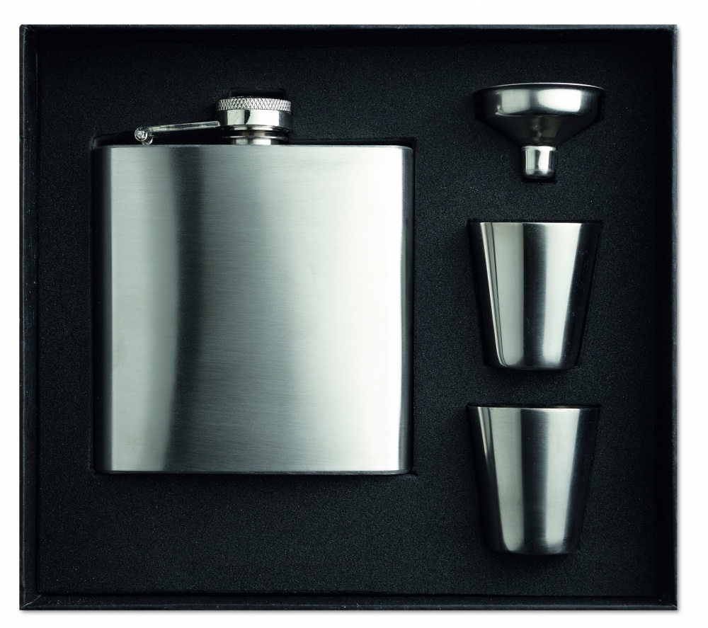 Logo trade promotional gifts image of: Slim hip flask w 2 cups set