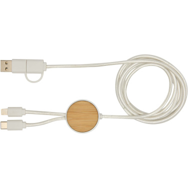 Logotrade advertising products photo of: Chechia 5-in-1 recycled plastic 150 cm data sync and 27W fast charge cable with bamboo details