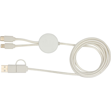 Logotrade advertising products photo of: Chechia 5-in-1 recycled plastic 150 cm data sync and 27W fast charge cable with bamboo details