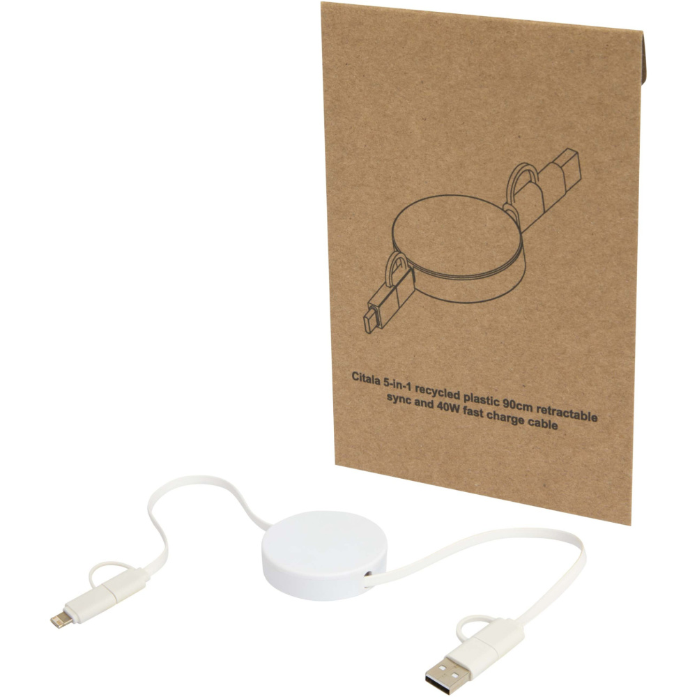 Logotrade advertising product picture of: Citala 5-in-1 recycled plastic 90 cm retractable data sync and 40W fast charge cable