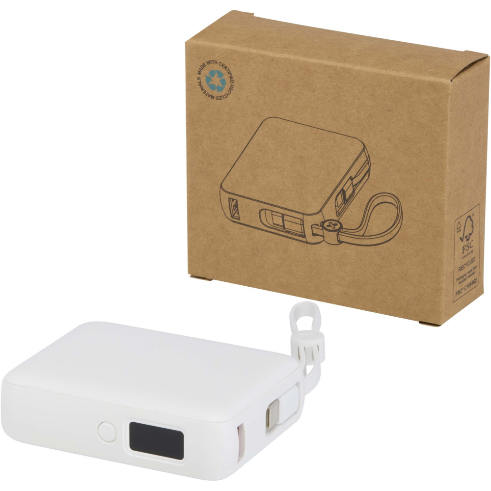 Logo trade promotional giveaways image of: Acrux 10.000 mAh 35W tablet power bank with built in Type-C cable - made from recycled plastic