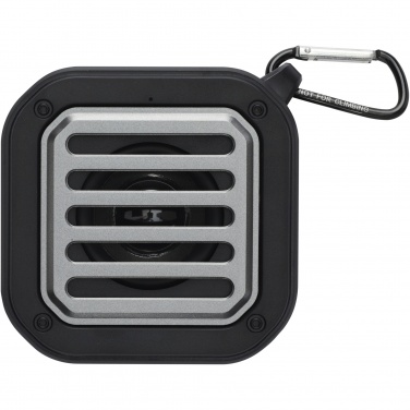 Logo trade liikelahja mainoslahja tuotekuva: Solo 3 W:n IPX5 RCS -kierrätetystä muovista valmistettu, aurinkoenergialla toimiva Bluetooth®-kaiutin jousihaalla 