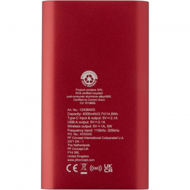 Logotrade biznesa dāvanas foto: Juice 4000 mAh C tipa pārstrādāta alumīnija bezvadu barošanas banka 