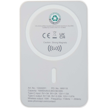 Logotrade logo dāvanas foto: Acrab 10.000 mAh 15W magnētiskā bezvadu pārnēsājamā uzlādes ierīce ar 20W PD - izgatavota no pārstrādātas plastmasas