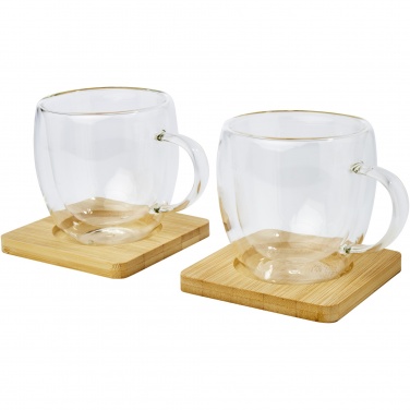Logotrade kampanjprodukter bild: Manti två stycken 250 ml glaskopp med dubbelvägg och underlägg av bambu 